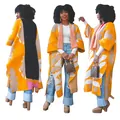 Langer Strick-Cardigan mit auffälligem orangefarbenem Muster und Color-Block-Design - S / Oberteile / Orange Beige Patchwork