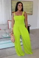 Solid lime green wide-leg jumpsuit with smocked bodice and thin shoulder straps - Grass Green