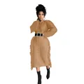 Elegant long sleeve cable-knit sweater dress with tassel fringe detailing and belt. - Apricot