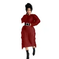 Detail of a long burgundy cable knit sweater dress with stylish fringe edges - S / Tops / Burgundy