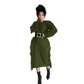 Elegant long sleeve dark green knit dress featuring side fringe and rhinestone belt - Army Green