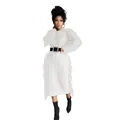 Elegant white long-sleeved cable-knit dress with fringe details and black belt - S / Tops / White