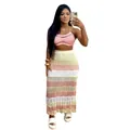 Conjunto de playa de crochet de dos piezas con top rosa y falda larga a rayas - S / Top Y Pantalón / Rosa