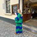 Oversized green and blue striped knit maxi cardigan with soft fuzzy texture for women - S / Tops / Blue and Green