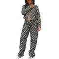 Two-piece checkerboard jacquard washed denim set featuring cropped jacket and trousers - S / Top And Bottom / Gray