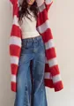 Cozy casual oversized red and white striped mohair-like knit long cardigan for women - S / Tops / Light Pink and Red