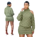 Detailed view of women's olive green checkered knit two-piece sweater and skirt set - S / Top And Bottom / Army Green