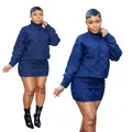 Detailed view of stylish women's navy blue checkered knit sweater and mini skirt set - S / Top And Bottom / Blue
