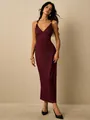 Elegant burgundy plissé maxi dress with gold ring shoulder detail and deep V-neckline - S / Burgundy