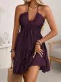 Detailed view of purple halter V-neck dress with tiered ruffles - Deep purple