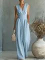 Elegant light blue sleeveless V-neck jumpsuit with a cinched high waist and wide-leg trousers. - 3XL / Set / Light Blue