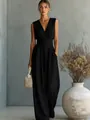 Elegant black sleeveless V-neck jumpsuit with wide leg design and high waist - 3XL / Sleeveless Set (26105#) / Black