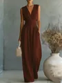 Tuta elegante senza maniche con scollo a V e gamba larga in tessuto marrone scuro. - Borgogna