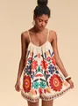 Elegant bohemian floral print spaghetti strap romper in cream color with a loose summer fit - S / Top And Bottom / Mixed Colors