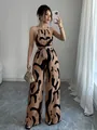 Elegant brown and black abstract print halter-neck wide-leg jumpsuit for stylish women - S / Top And Bottom / Tan