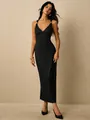 Elegant black ribbed midi dress featuring gold hardware strap details and a slim fit - S / Black
