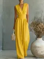 Elegant sleeveless yellow V-neck wide-leg jumpsuit with high waist for summer fashion - S / Top And Bottom / Gold