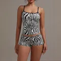 Sexy zebra print two-piece loungewear set with camisole top and matching shorts for women - S / Top And Bottom / Striped