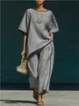 Élégant ensemble deux pièces en lin gris pour femme avec bordures noires stylées - Gris