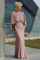 Elegant mauve long evening dress with cape sleeves and pleated waist detail with pockets - S / Lotus Pink