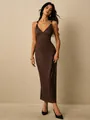 Elegant detail of a brown ribbed midi bodycon dress featuring gold ring strap accents. - S / Dark Brown