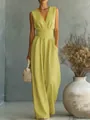 Elegant sleeveless V-neck cinched waist wide leg jumpsuit in bright yellow color - S / Top And Bottom / Yellow