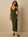 Detailed full length view of elegant olive green ribbed knit maxi dress with deep V-neckline - S / Olive Green