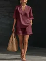 Ensemble deux pièces élégant bordeaux style lin avec haut col V et short femme - S / Haut Et Bas / Bordeaux
