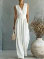 Elegant white sleeveless V-neck high-waisted wide-leg jumpsuit for summer fashion - 3XL / Set / White