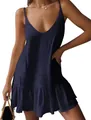 Robe d'été ample bleu marine à col en V et volants pour femmes, idéale pour la plage - S / Haut Et Bas / Bleu marine