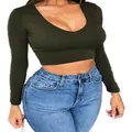 Slim fit dark olive green long-sleeved crop top with a deep U-neckline and navel-baring cut - Army Green