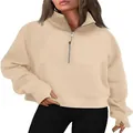 Detail view of beige half-zip women's sweatshirt featuring a stand collar and front pocket - S / Tops / Apricot