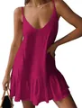 Élégante robe caraco magenta à col en V avec ourlet à volants et coupe d'été décontractée - S / Haut Et Bas / Rose rouge