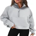 Detailed view of women's gray half-zip sweatshirt featuring a stylish high collar - S / Tops / Gray