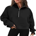 Detail of women's black half-zip sweatshirt with stand collar and front pouch pocket - S / Tops / Black