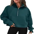 Detail of women's teal half-zip sweatshirt with stand collar and thumbhole cuffs. - Dark Green