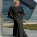 Elegant European style black pleated long maxi dress with batwing sleeves and pockets - S / Black