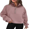 Close-up of women's half-zip stand collar dusty rose sweatshirt with kangaroo pocket - Lotus Pink