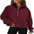 Comfortable women's maroon half-zip sweatshirt featuring stand collar and pocket detail - Burgundy