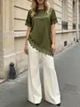 Elegante camicetta in raso francese verde oliva con bordo in pizzo e orlo asimmetrico - Taglia S / Top / Verde oliva