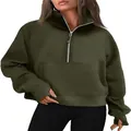 Detail of women's half-zip stand collar olive green sweatshirt with kangaroo pocket - Army Green