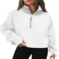 Detailed view of white half-zip sweatshirt with stand collar and thumbhole cuffs - S / Tops / White