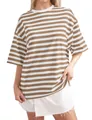 Detailed view of the brown and white striped oversized T-shirt with round neck. - Khaki & White Stripes