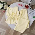 Yellow striped two-piece summer loungewear set with tie-front vest and loose pants - Yellow
