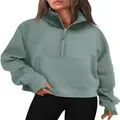 Close-up of sage green half-zip sweatshirt with stand collar and thumb hole cuffs - Light Green