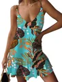 Abito da spiaggia blu per donna con stampa tropicale, scollo a V e spalline sottili - Blu Stampato