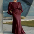 Elegant burgundy pleated maxi dress with wide sleeves and pockets for women - Dark Red