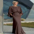 Elegant brown pleated floor-length dress with cape sleeves and side pockets for women - Coffee
