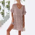 Summer boho V-neck floral mini dress with ruffle sleeves and loose casual fit - Pink Floral