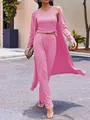 Vista completa del conjunto de descanso rosa de 3 piezas para mujer con cárdigan - Rosa